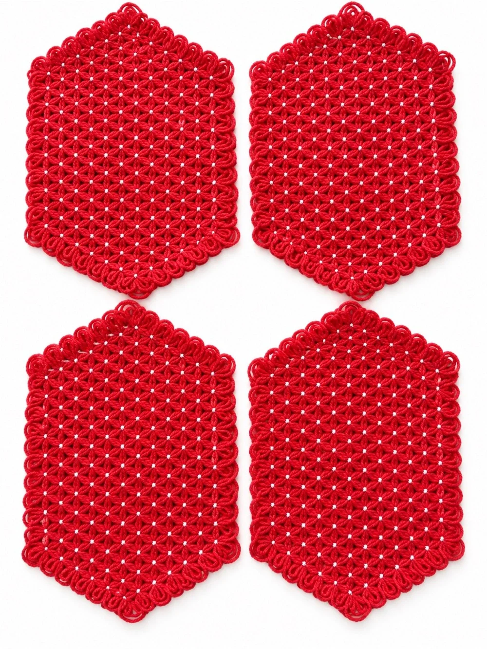 Set of 4 Handmade Red Crochet Macramé Placemats White Accent Vintage